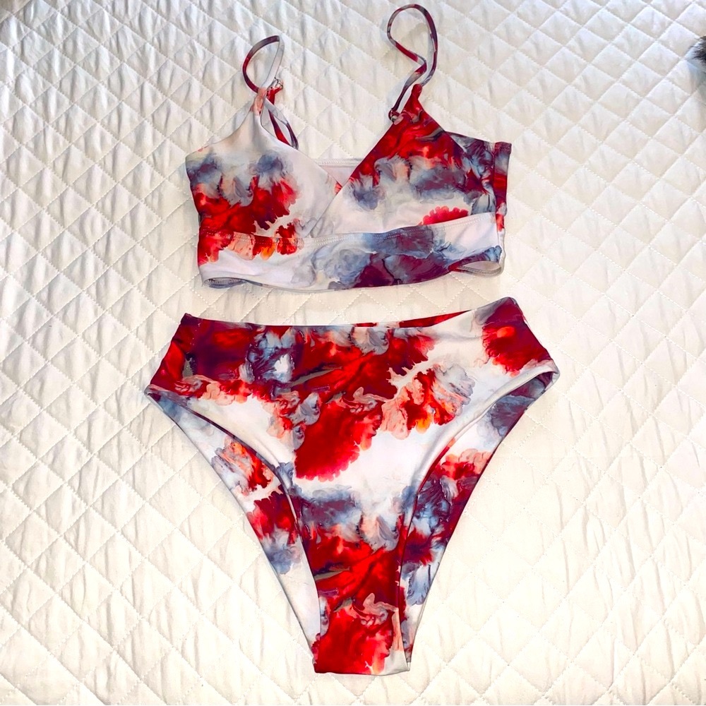 Romwe Tie dye floral high waist bikini